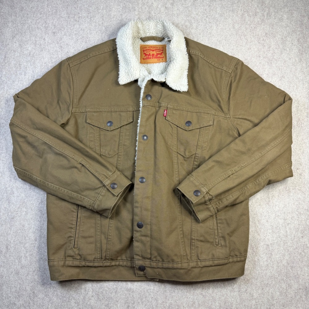 Levis Mens Sherpa Lined Trucker Jacket Brown Canvas Workwear Coat Size L